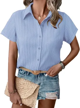 HOTOUCH Womens Button Down Shirt Short Sleeve Dress Shirt V Neck Collared Button Up Summer Tops Textured Work Blouse