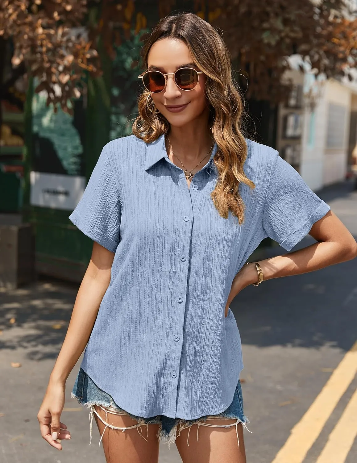 HOTOUCH Womens Button Down Shirt Short Sleeve Dress Shirt V Neck Collared Button Up Summer Tops Textured Work Blouse