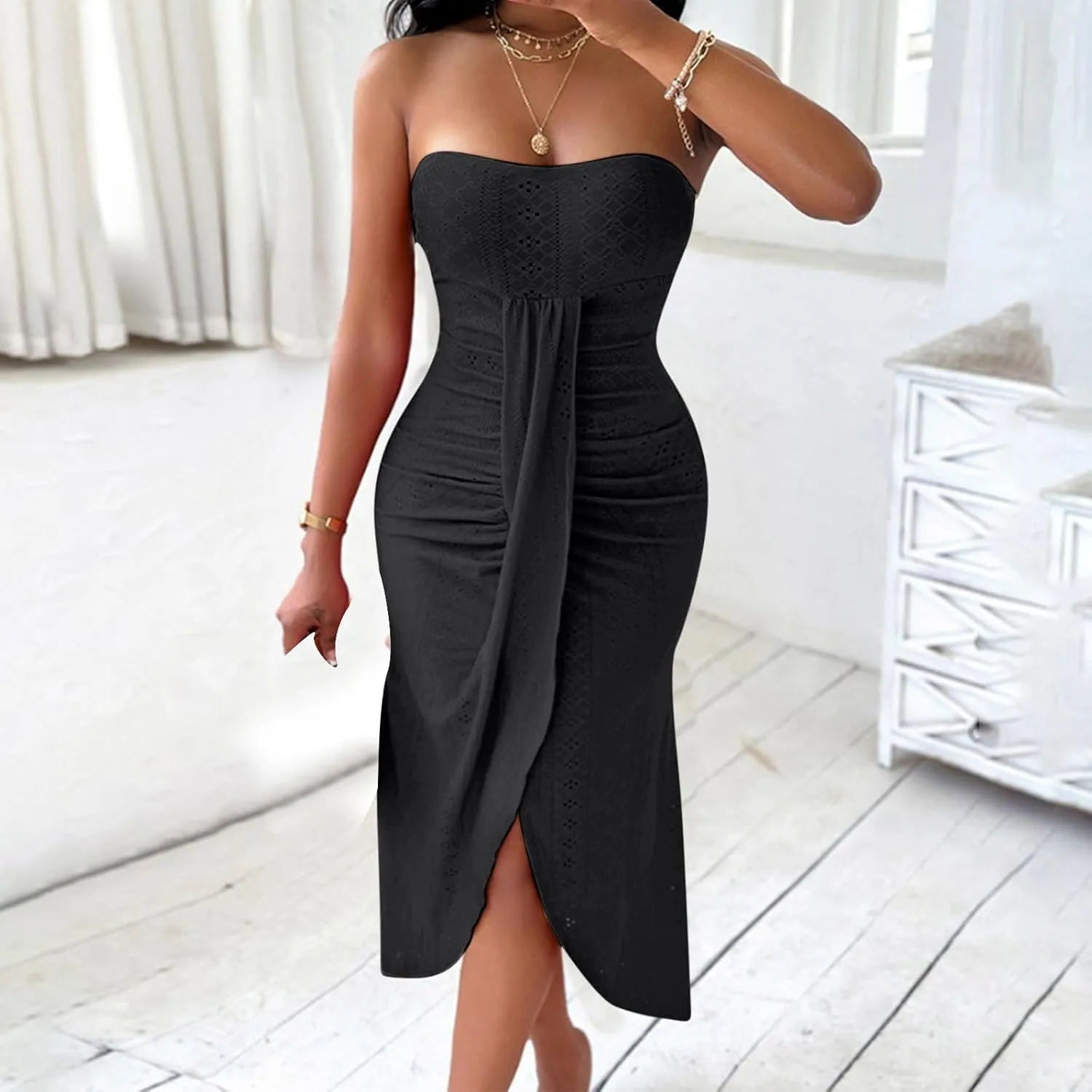 JOAU Womens Summer Tube Top Midi Dress 2024 Strapless Hollow Out Bodycon Eyelet Dresses Ruched Front Slit Vacation Outfits