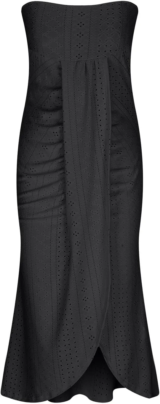 JOAU Womens Summer Tube Top Midi Dress 2024 Strapless Hollow Out Bodycon Eyelet Dresses Ruched Front Slit Vacation Outfits