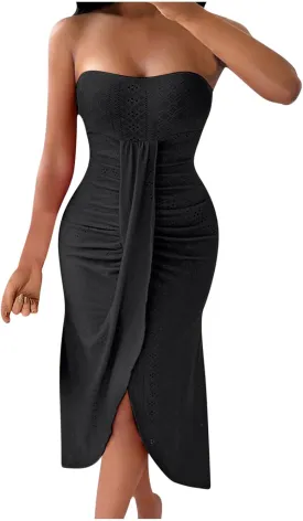 JOAU Womens Summer Tube Top Midi Dress 2024 Strapless Hollow Out Bodycon Eyelet Dresses Ruched Front Slit Vacation Outfits