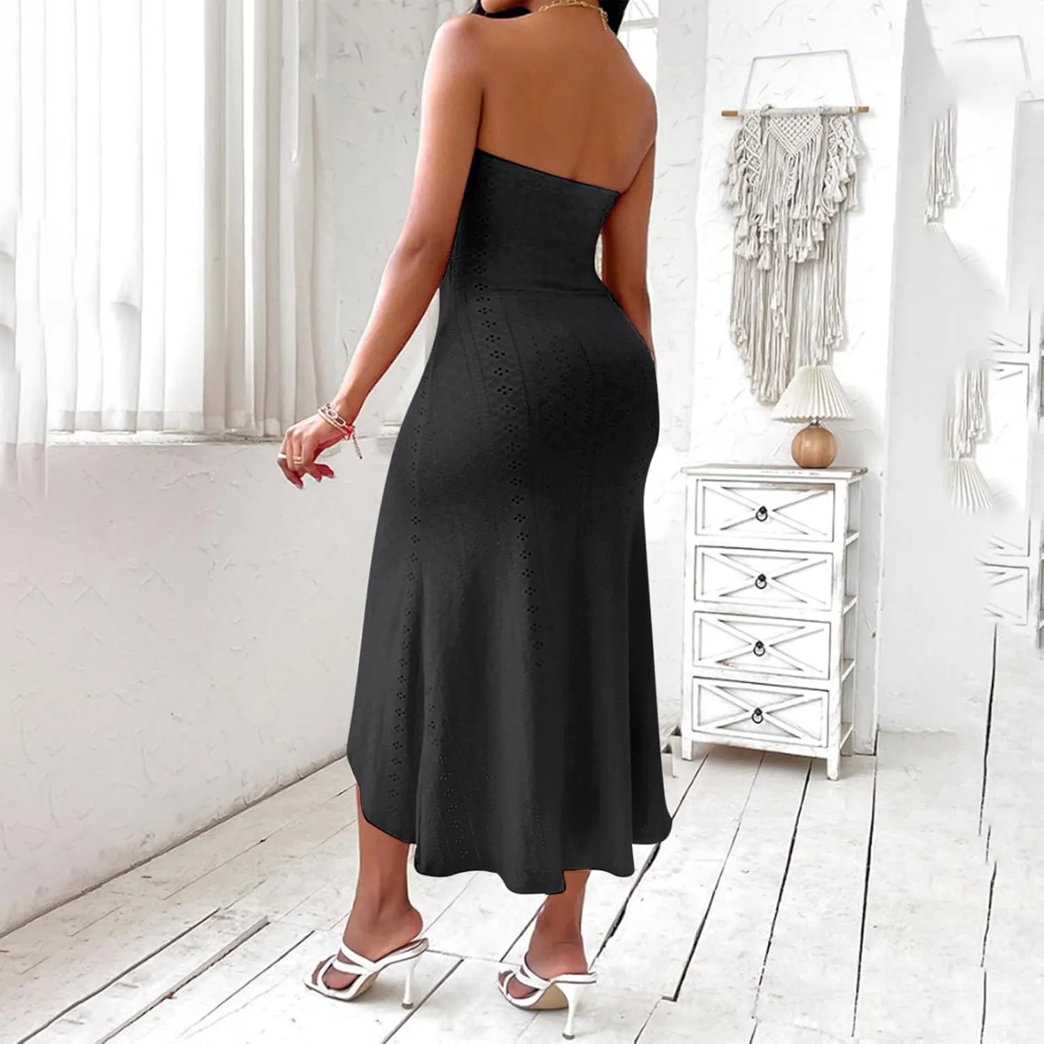 JOAU Womens Summer Tube Top Midi Dress 2024 Strapless Hollow Out Bodycon Eyelet Dresses Ruched Front Slit Vacation Outfits