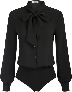 Kate Kasin Women Bow Tie Neck Office Blouse Button Down Long Sleeve Bodysuits Blouse Top