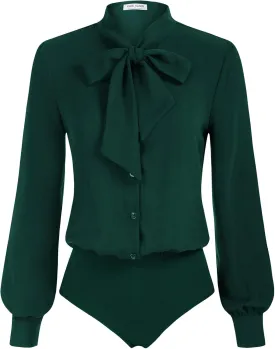 Kate Kasin Women Bow Tie Neck Office Blouse Button Down Long Sleeve Bodysuits Blouse Top