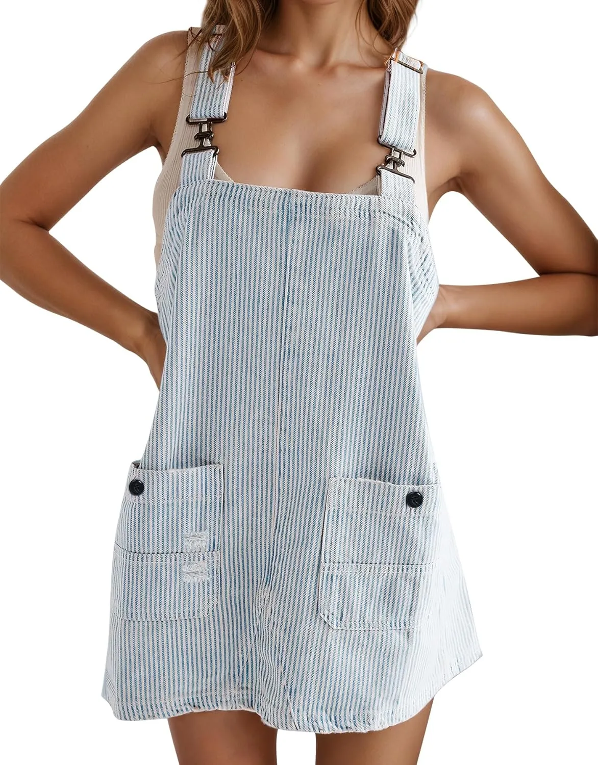 Kedera Women's Denim Overall Dress Jean Romper Mini Dress Adjustable Strap Denim Dress with Pockets