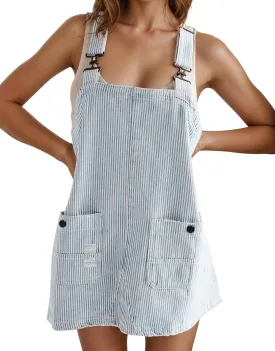Kedera Women's Denim Overall Dress Jean Romper Mini Dress Adjustable Strap Denim Dress with Pockets