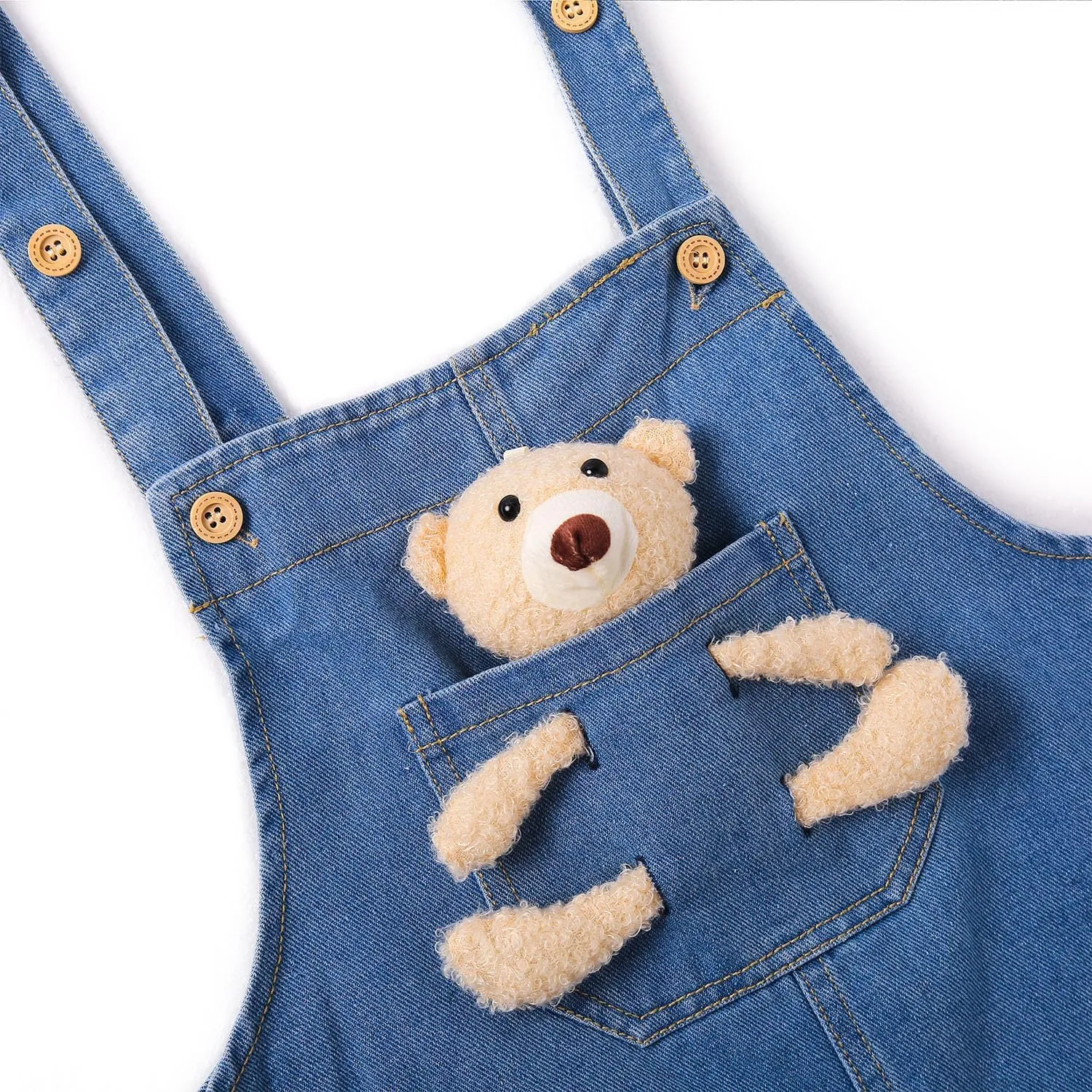 KIDSCOOL SPACE Girls Denim Overalls Dress,Cute Bear Simple Design Summer Colored Jumpsuit Dress and Set