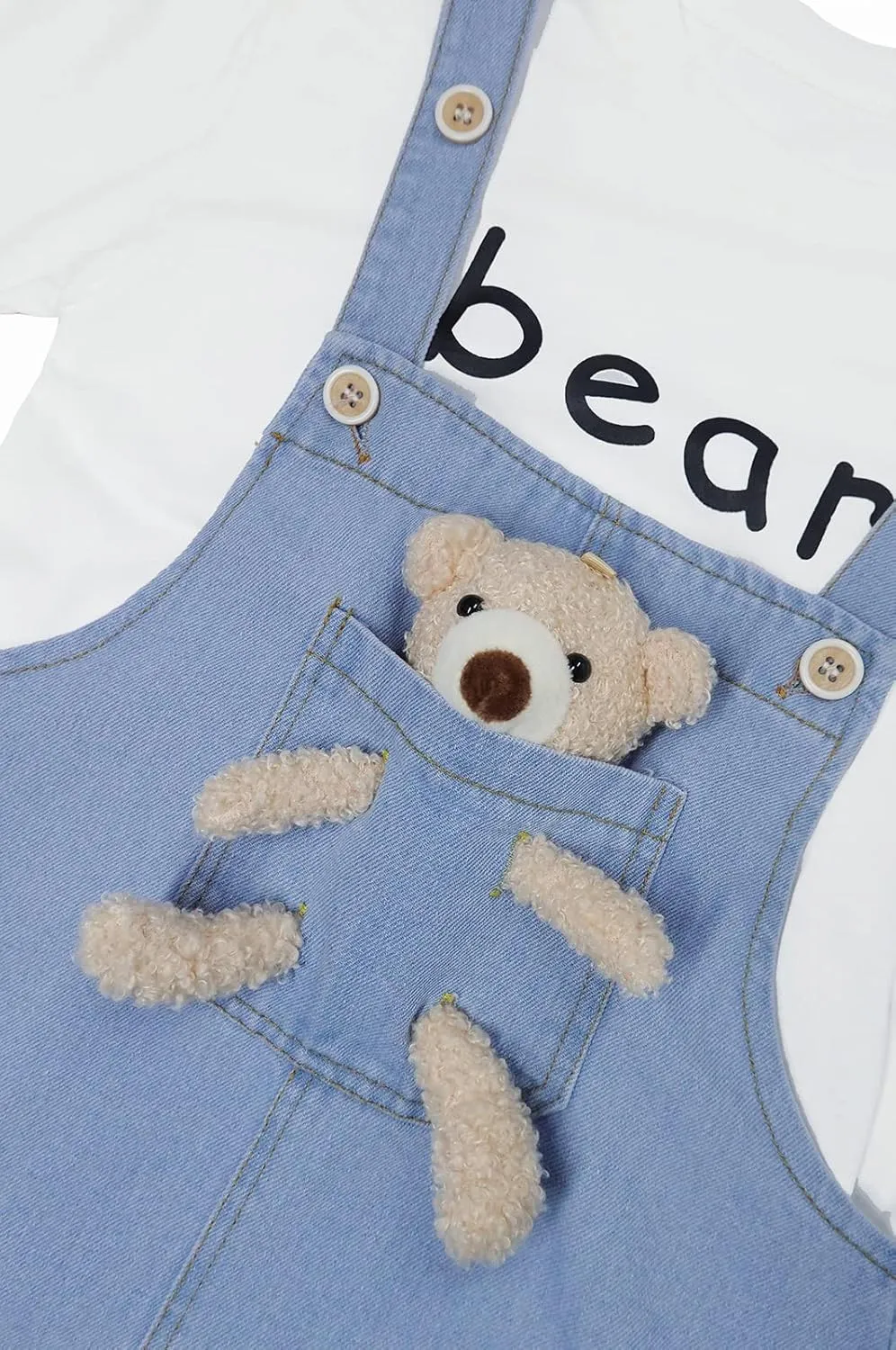 KIDSCOOL SPACE Girls Denim Overalls Dress,Cute Bear Simple Design Summer Colored Jumpsuit Dress and Set