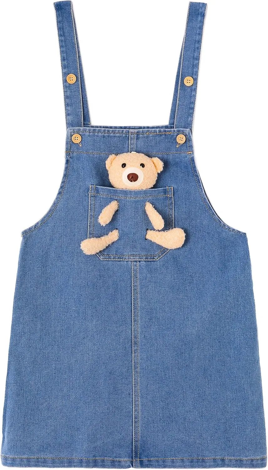 KIDSCOOL SPACE Girls Denim Overalls Dress,Cute Bear Simple Design Summer Colored Jumpsuit Dress and Set