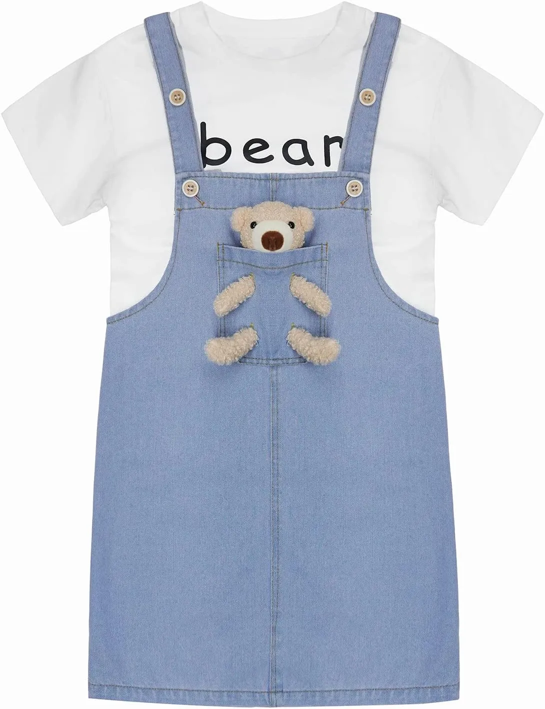KIDSCOOL SPACE Girls Denim Overalls Dress,Cute Bear Simple Design Summer Colored Jumpsuit Dress and Set