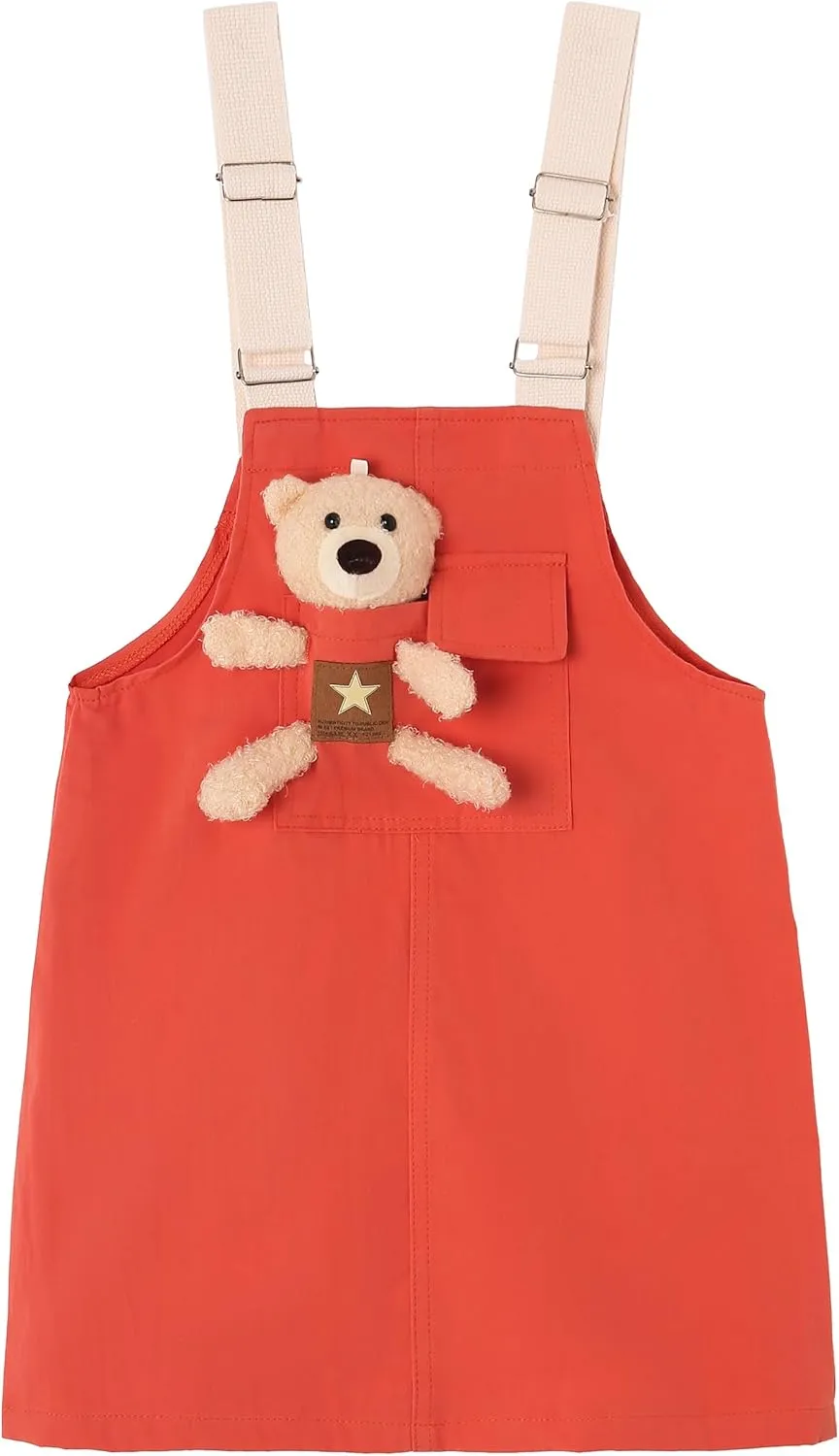 KIDSCOOL SPACE Girls Denim Overalls Dress,Cute Bear Simple Design Summer Colored Jumpsuit Dress and Set