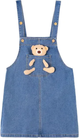 KIDSCOOL SPACE Girls Denim Overalls Dress,Cute Bear Simple Design Summer Colored Jumpsuit Dress and Set