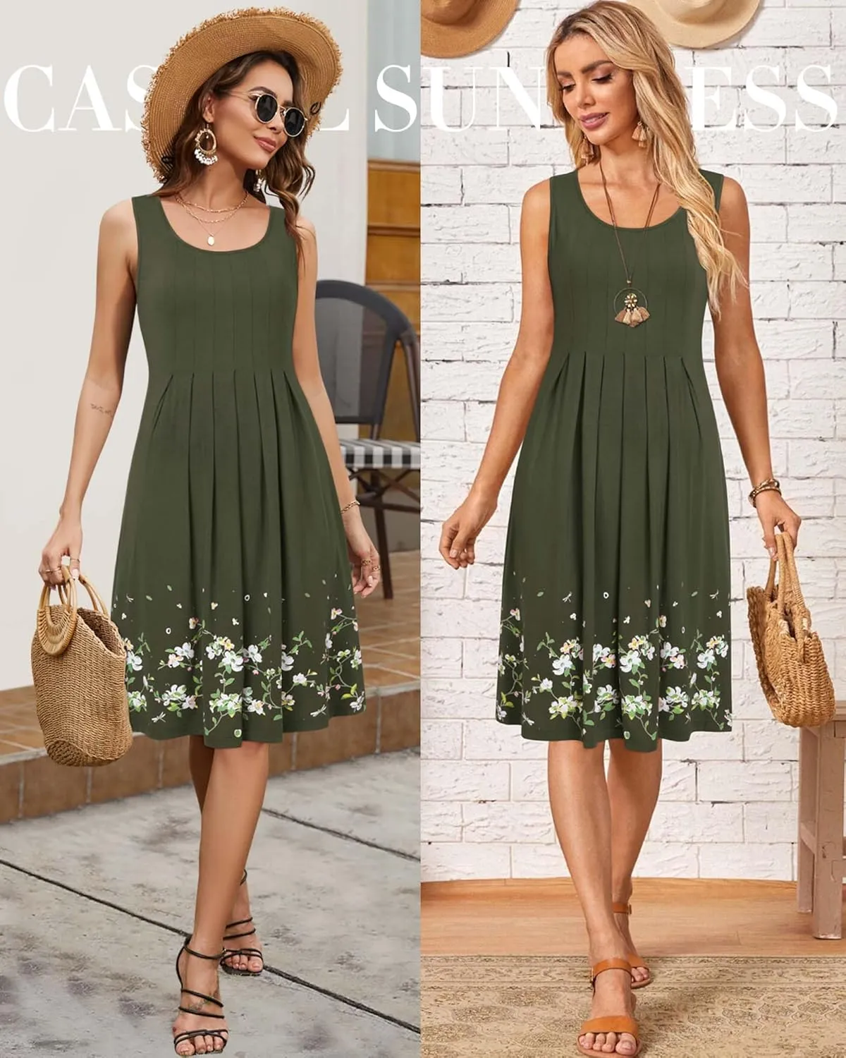 KILIG Womens Summer Dresses 2025 Casual Pleated Floral A-line Tank Sundress Beach Vacation Cruise Outfits