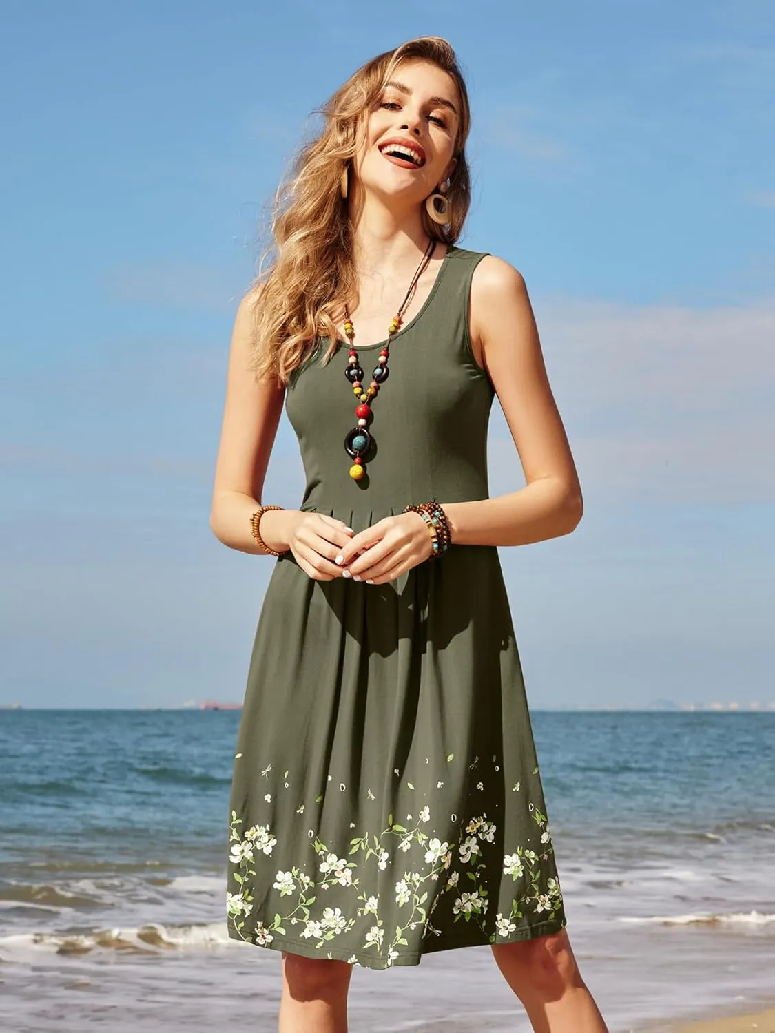 KILIG Womens Summer Dresses 2025 Casual Pleated Floral A-line Tank Sundress Beach Vacation Cruise Outfits