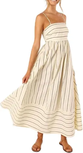 KMBANGI Women Striped Sleeveless Maxi Dress Swing Aline Midi Dress Backless Smocked Spaghetti Strap Boho Flowy Sundress