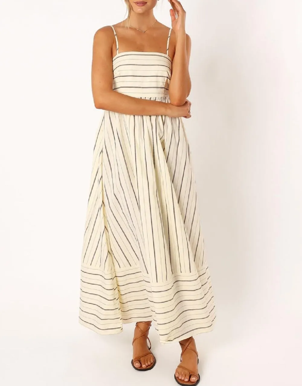KMBANGI Women Striped Sleeveless Maxi Dress Swing Aline Midi Dress Backless Smocked Spaghetti Strap Boho Flowy Sundress