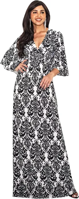 KOH KOH Womens 2025 Long 3/4 Sleeve V Neck Bohemian Print Flowy Maxi Dress Gown