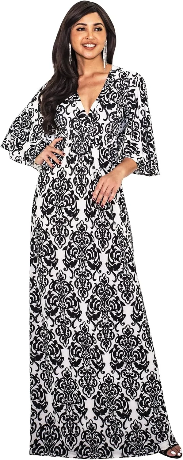 KOH KOH Womens 2025 Long 3/4 Sleeve V Neck Bohemian Print Flowy Maxi Dress Gown
