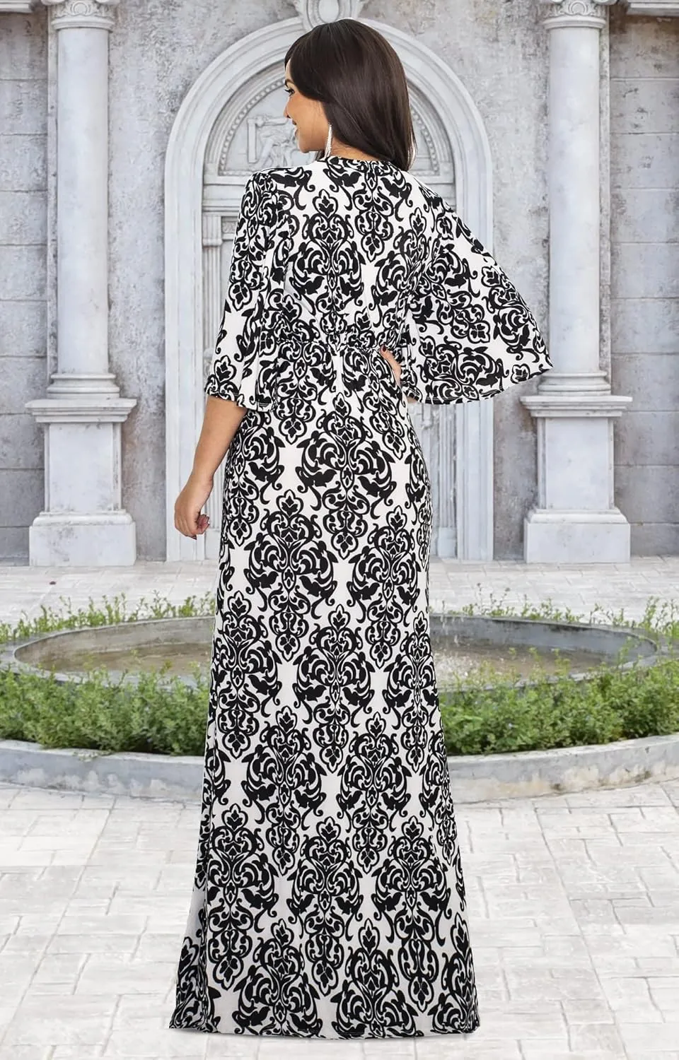 KOH KOH Womens 2025 Long 3/4 Sleeve V Neck Bohemian Print Flowy Maxi Dress Gown