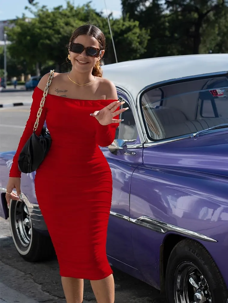 LAGSHIAN Women Sexy Off Shoulder Long Sleeve Bodycon Ruched Midi Elegant Cocktail Party Dress