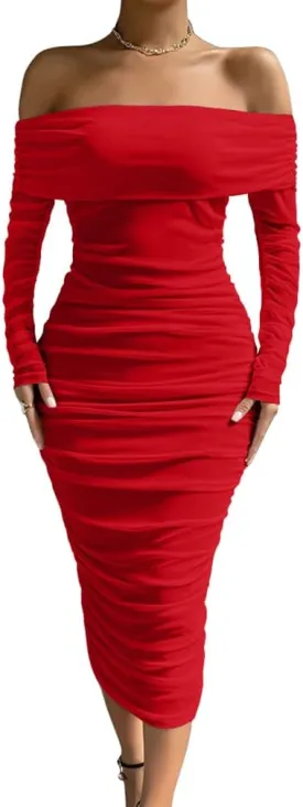 LAGSHIAN Women Sexy Off Shoulder Long Sleeve Bodycon Ruched Midi Elegant Cocktail Party Dress