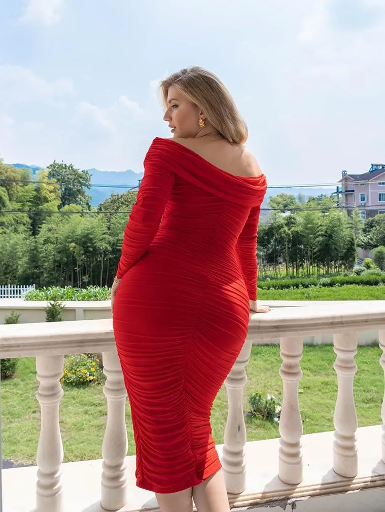 LAGSHIAN Women Sexy Off Shoulder Long Sleeve Bodycon Ruched Midi Elegant Cocktail Party Dress