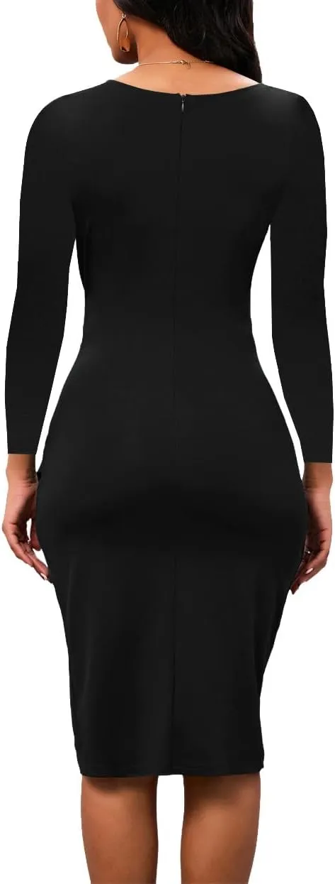 LaiyiVic Women's Bodycon Midi Dress Long Sleeve 2024 Sexy V Neck Ruched Wrap Wedding Guest Formal Club Dresses