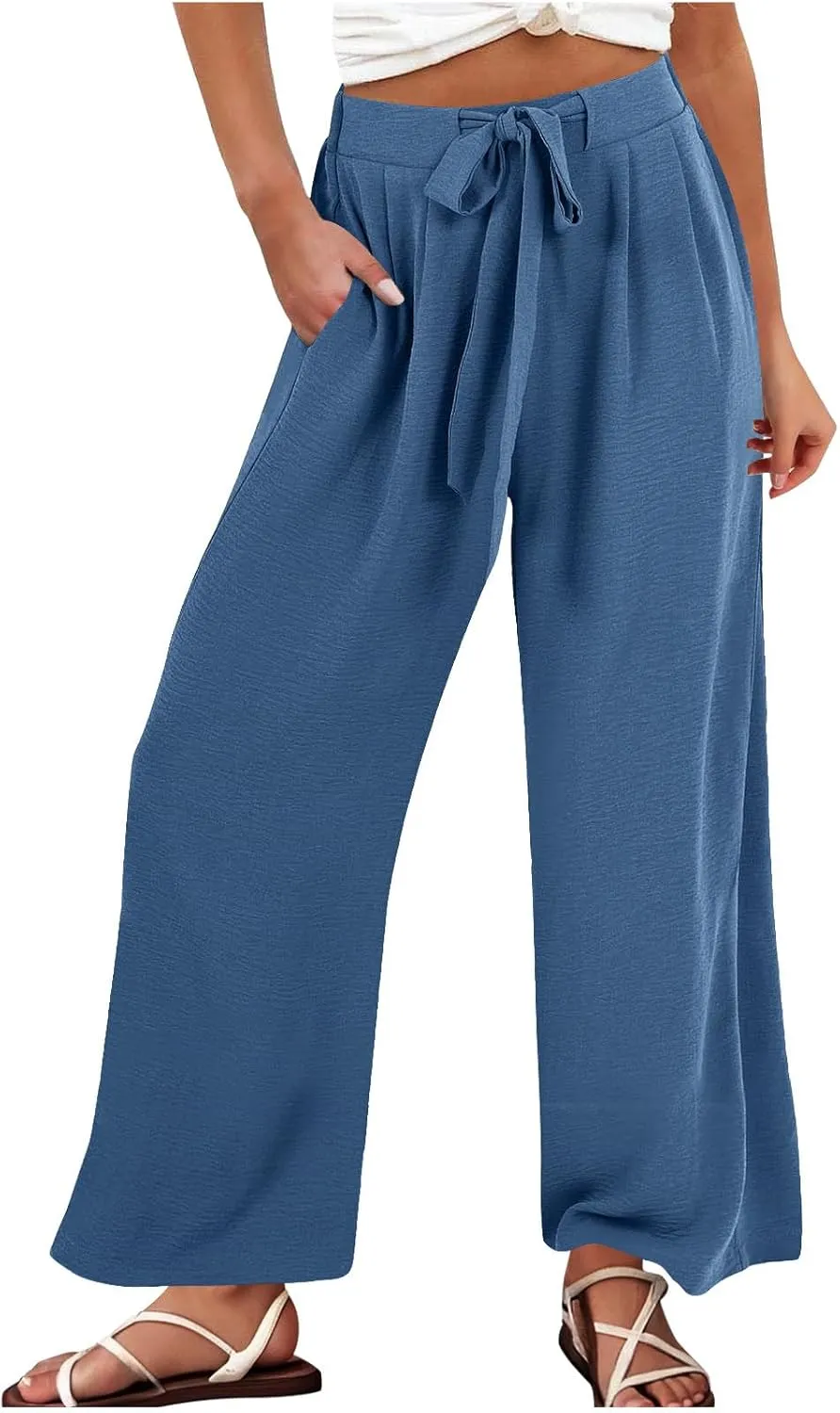 Lastesso Palazzo Pants for Women Casual Linen Wide Leg Business Trousers with Pockets Belted Fold Pleated Lounge Outfits