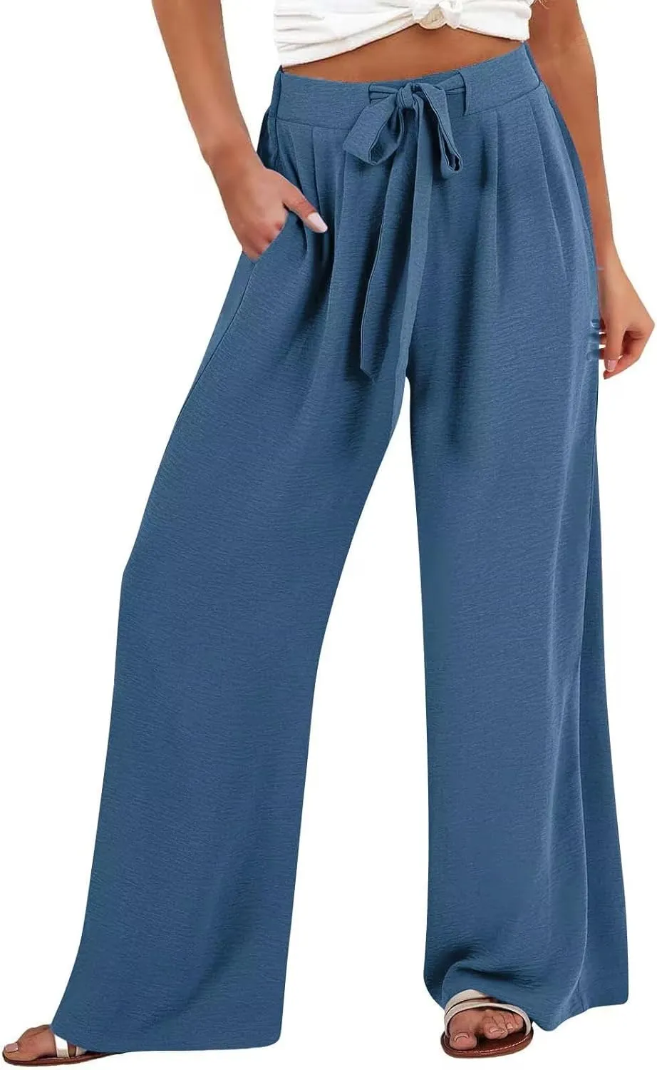 Lastesso Palazzo Pants for Women Casual Linen Wide Leg Business Trousers with Pockets Belted Fold Pleated Lounge Outfits