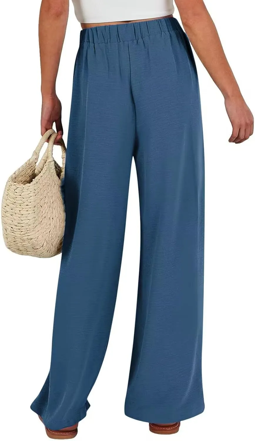 Lastesso Palazzo Pants for Women Casual Linen Wide Leg Business Trousers with Pockets Belted Fold Pleated Lounge Outfits