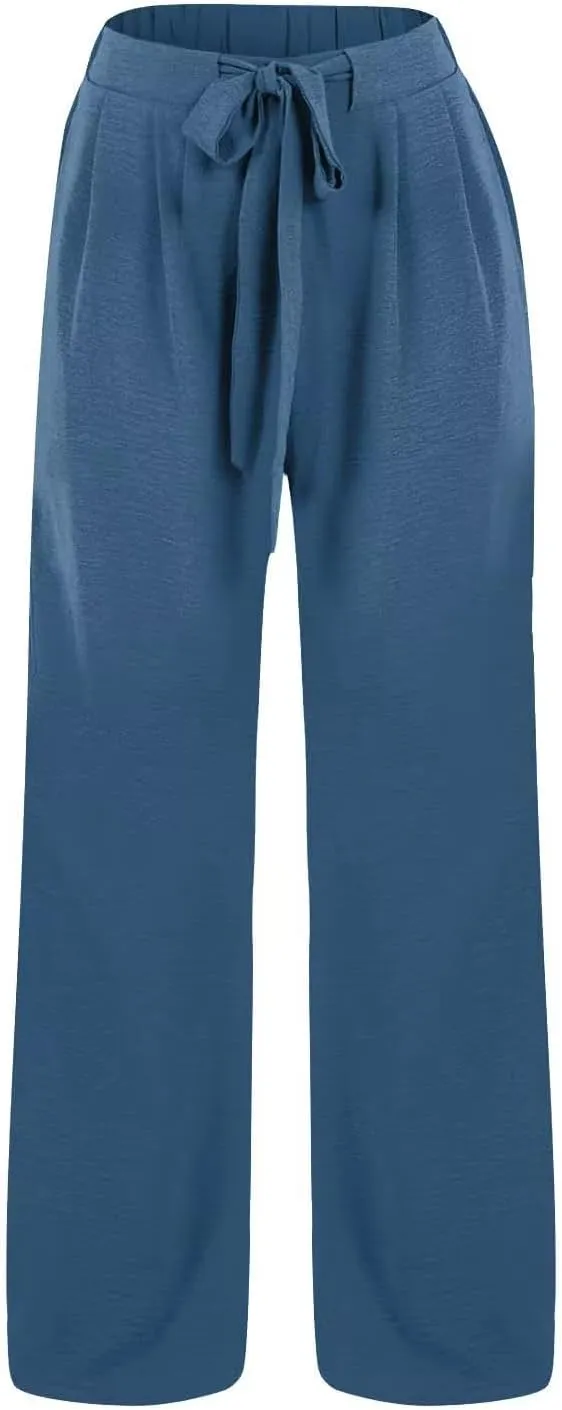 Lastesso Palazzo Pants for Women Casual Linen Wide Leg Business Trousers with Pockets Belted Fold Pleated Lounge Outfits