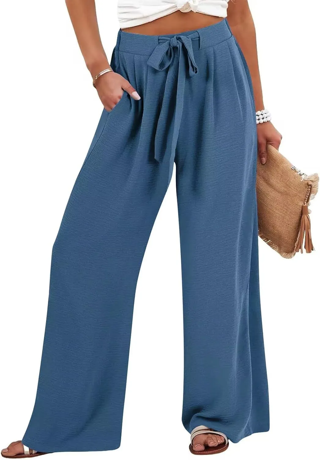 Lastesso Palazzo Pants for Women Casual Linen Wide Leg Business Trousers with Pockets Belted Fold Pleated Lounge Outfits
