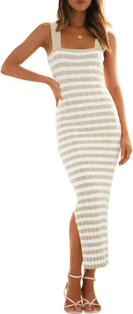 LEANI Women's 2025 Summer Bodycon Midi Dress Striped Square Neck Sundress Side Slit Knit Beach Vacation Dresses