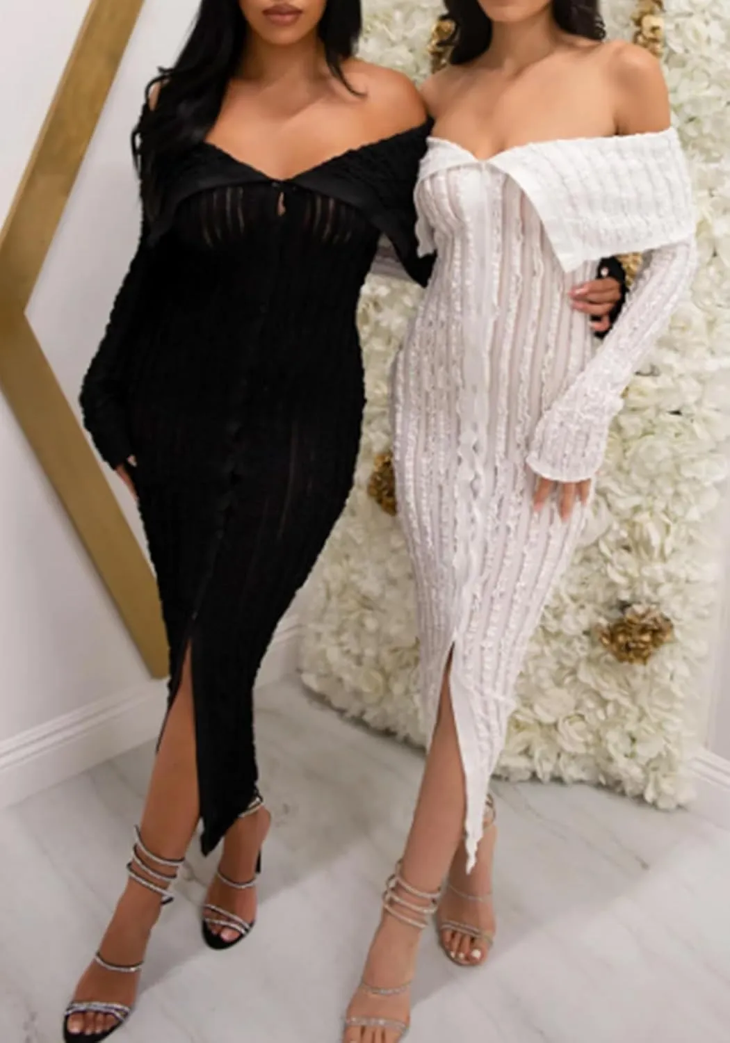 LETSVDO Women's Maxi Off Shoulder Dress Long Sleeve Button Down Ruffle Mesh Bodycon Sexy Dresses Stretchy
