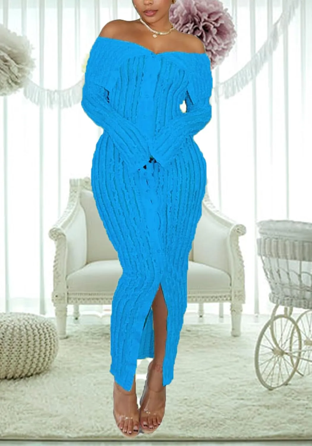 LETSVDO Women's Maxi Off Shoulder Dress Long Sleeve Button Down Ruffle Mesh Bodycon Sexy Dresses Stretchy