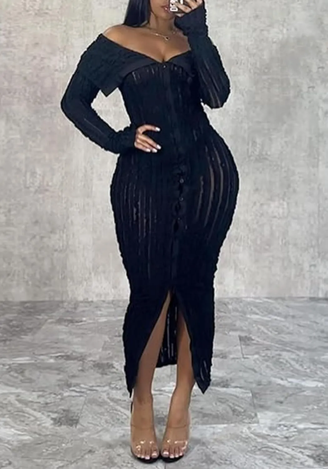 LETSVDO Women's Maxi Off Shoulder Dress Long Sleeve Button Down Ruffle Mesh Bodycon Sexy Dresses Stretchy