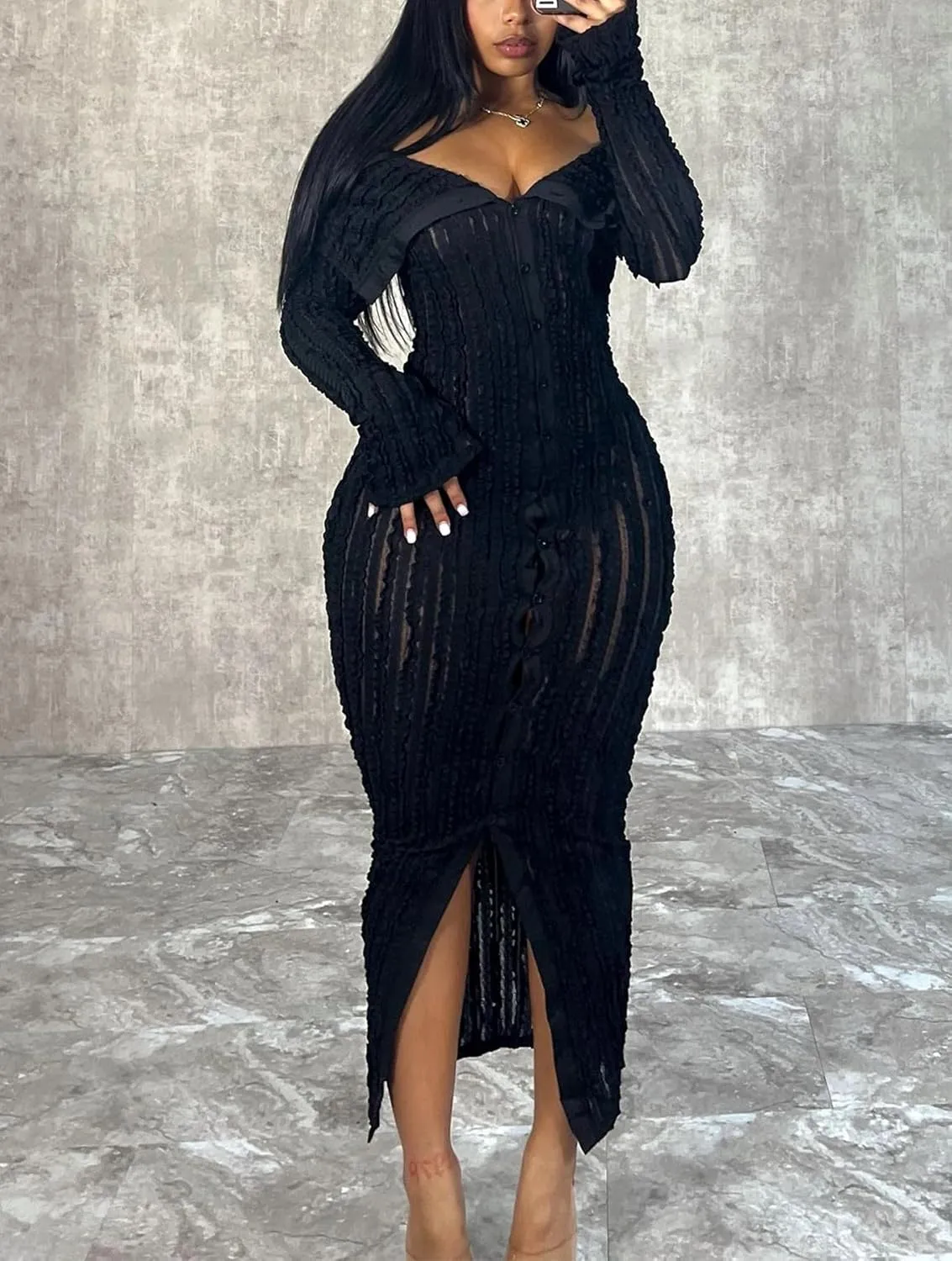 LETSVDO Women's Maxi Off Shoulder Dress Long Sleeve Button Down Ruffle Mesh Bodycon Sexy Dresses Stretchy