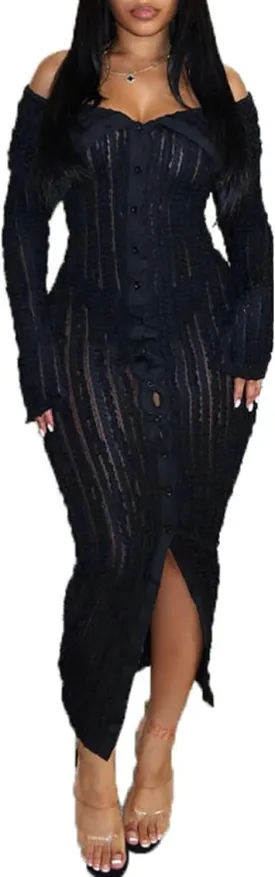 LETSVDO Women's Maxi Off Shoulder Dress Long Sleeve Button Down Ruffle Mesh Bodycon Sexy Dresses Stretchy