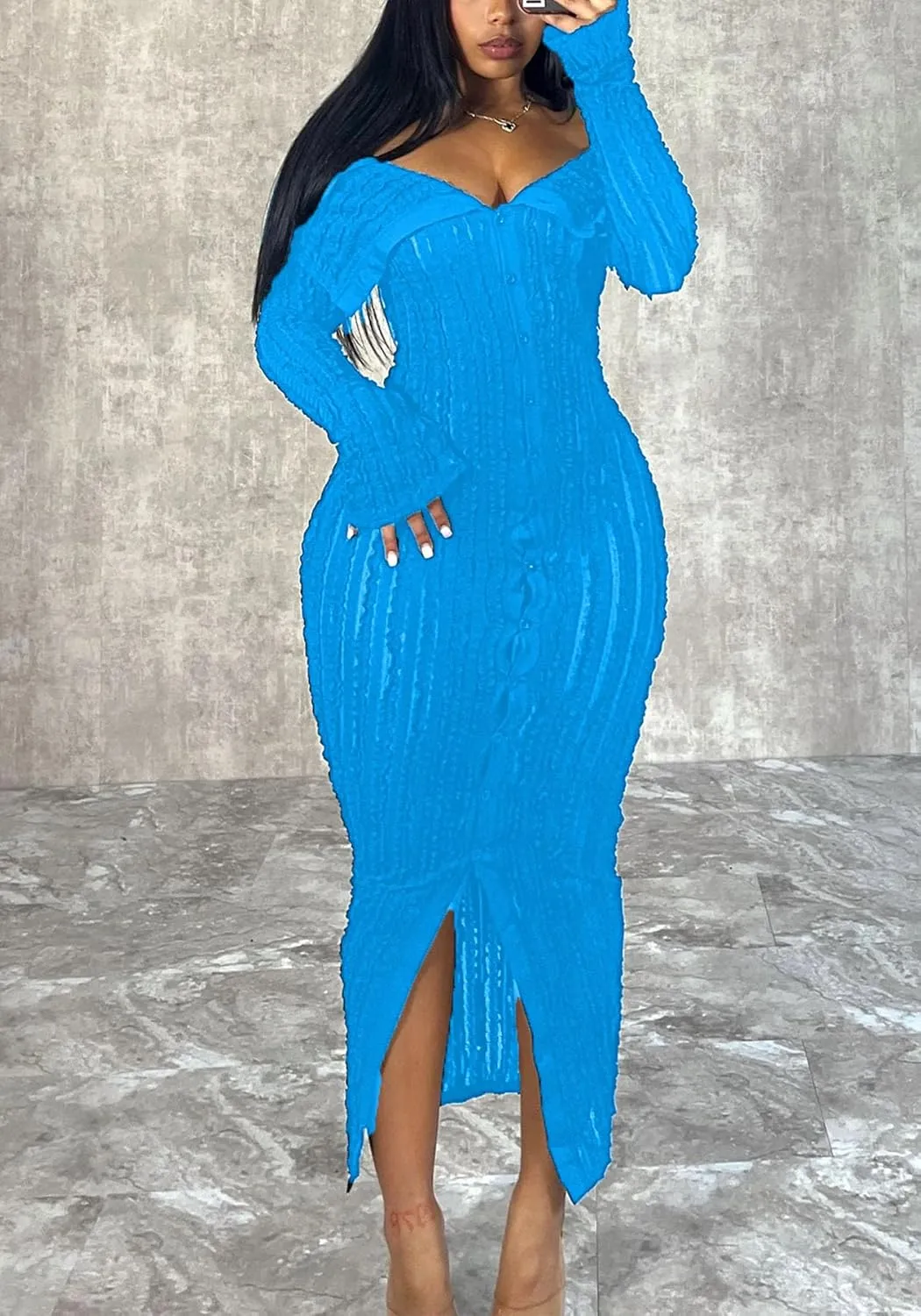 LETSVDO Women's Maxi Off Shoulder Dress Long Sleeve Button Down Ruffle Mesh Bodycon Sexy Dresses Stretchy