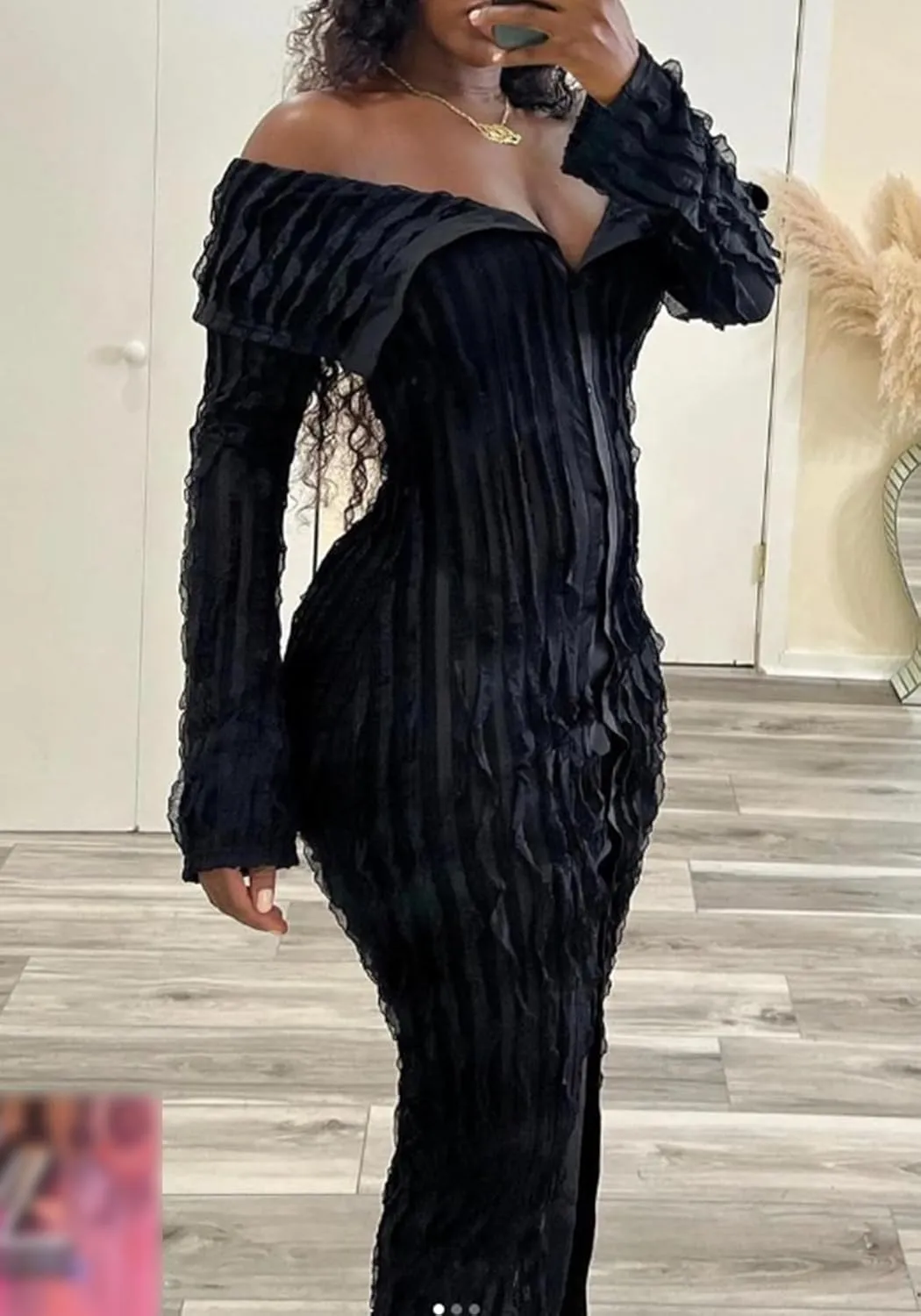LETSVDO Women's Maxi Off Shoulder Dress Long Sleeve Button Down Ruffle Mesh Bodycon Sexy Dresses Stretchy