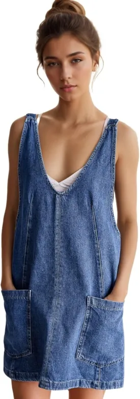 LifeShe Denim Overall Dress For Women Sleeveless High Roller Skirtall Short Jean Jumper Dress Mini Pinafore