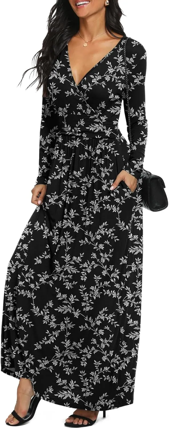 LILBETTER Women Long Sleeve Deep V Neck Loose Plain Long Maxi Casual Dress