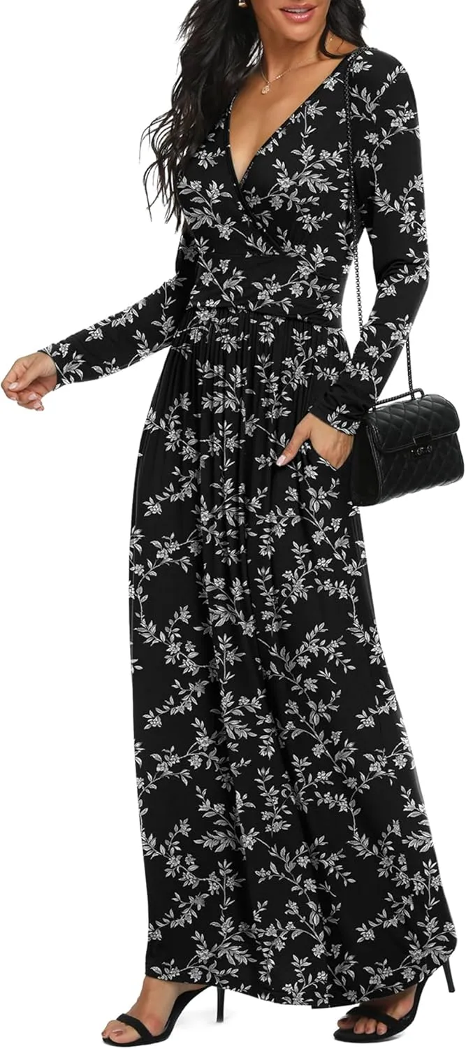 LILBETTER Women Long Sleeve Deep V Neck Loose Plain Long Maxi Casual Dress