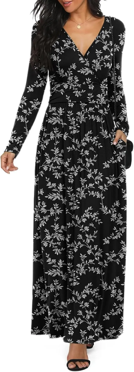 LILBETTER Women Long Sleeve Deep V Neck Loose Plain Long Maxi Casual Dress