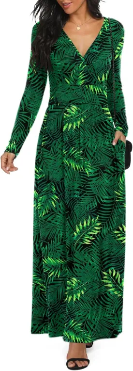 LILBETTER Women Long Sleeve Deep V Neck Loose Plain Long Maxi Casual Dress