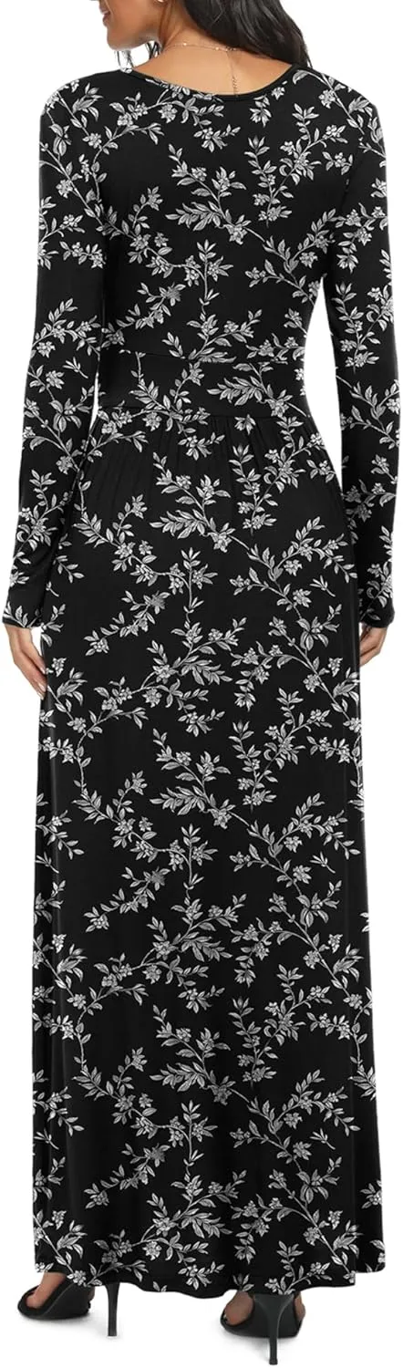 LILBETTER Women Long Sleeve Deep V Neck Loose Plain Long Maxi Casual Dress