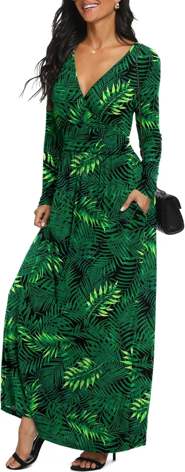 LILBETTER Women Long Sleeve Deep V Neck Loose Plain Long Maxi Casual Dress