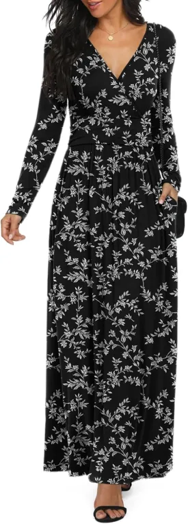 LILBETTER Women Long Sleeve Deep V Neck Loose Plain Long Maxi Casual Dress
