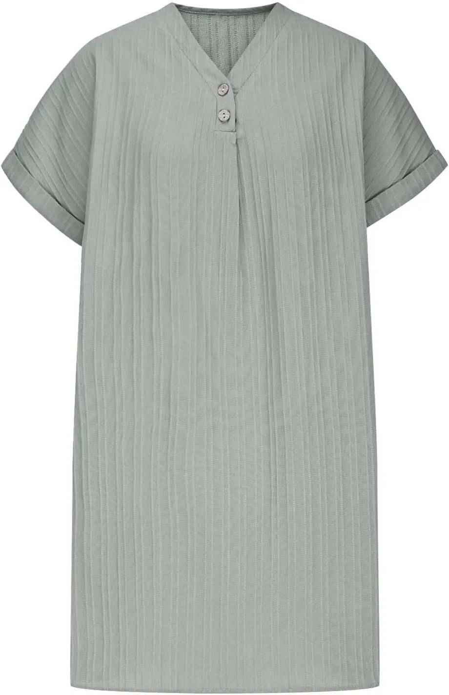Linen Cotton Dress for Women Button V Neck Midi Dress Short Sleeve Dressy Casual Loose Fit Work T Shirt Dresses