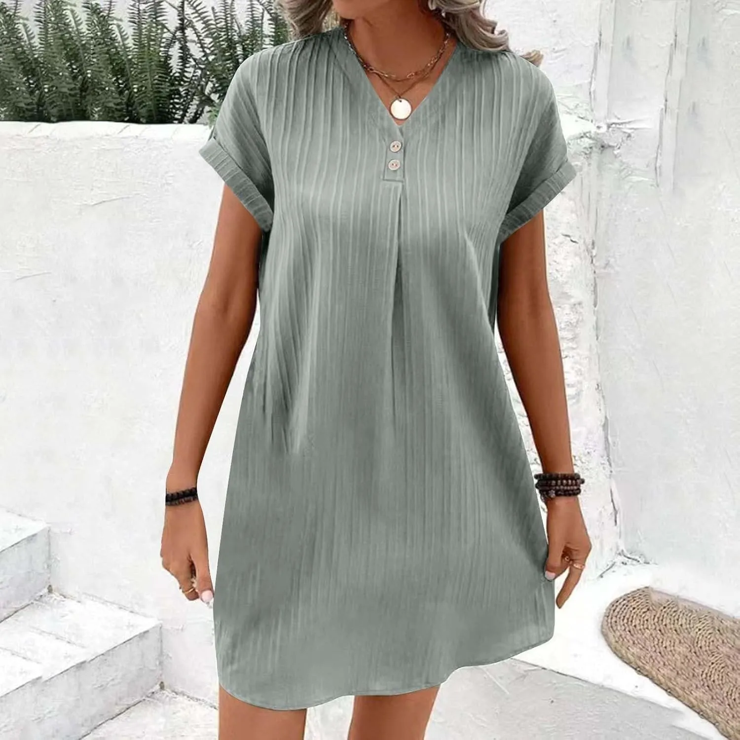 Linen Cotton Dress for Women Button V Neck Midi Dress Short Sleeve Dressy Casual Loose Fit Work T Shirt Dresses